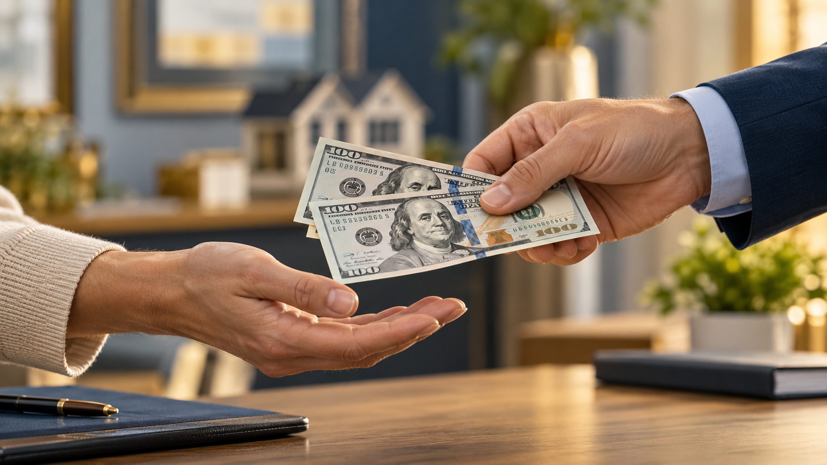 Illustration of one adult handing two $100 bills to another adult