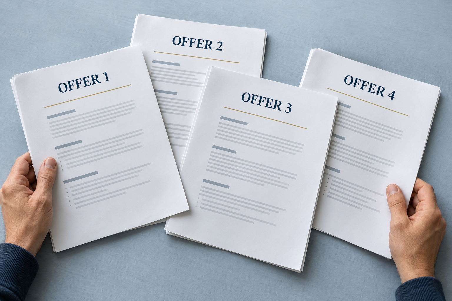 Generic illustration of four overlapping investor offers with hands comparing them