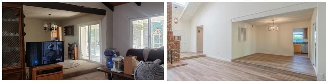 Living and dining area before and after renovation, shown side by side