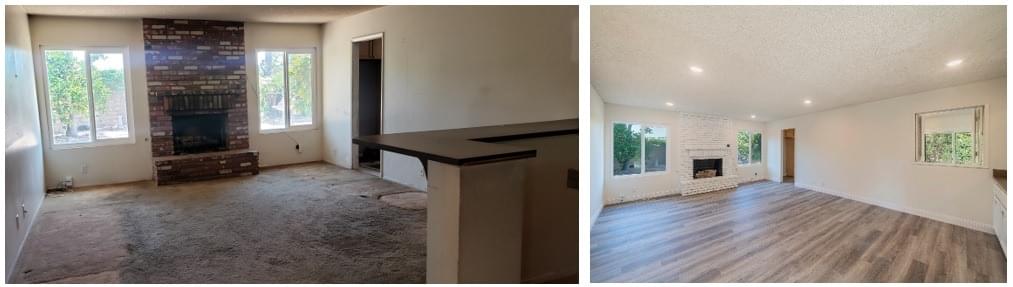 Family room and fireplace before and after renovation, shown side by side